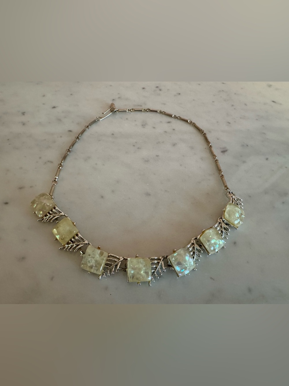 Iridescent Opal-Effect Lucite Statement Necklace - Silver Tone, Leaf Motif